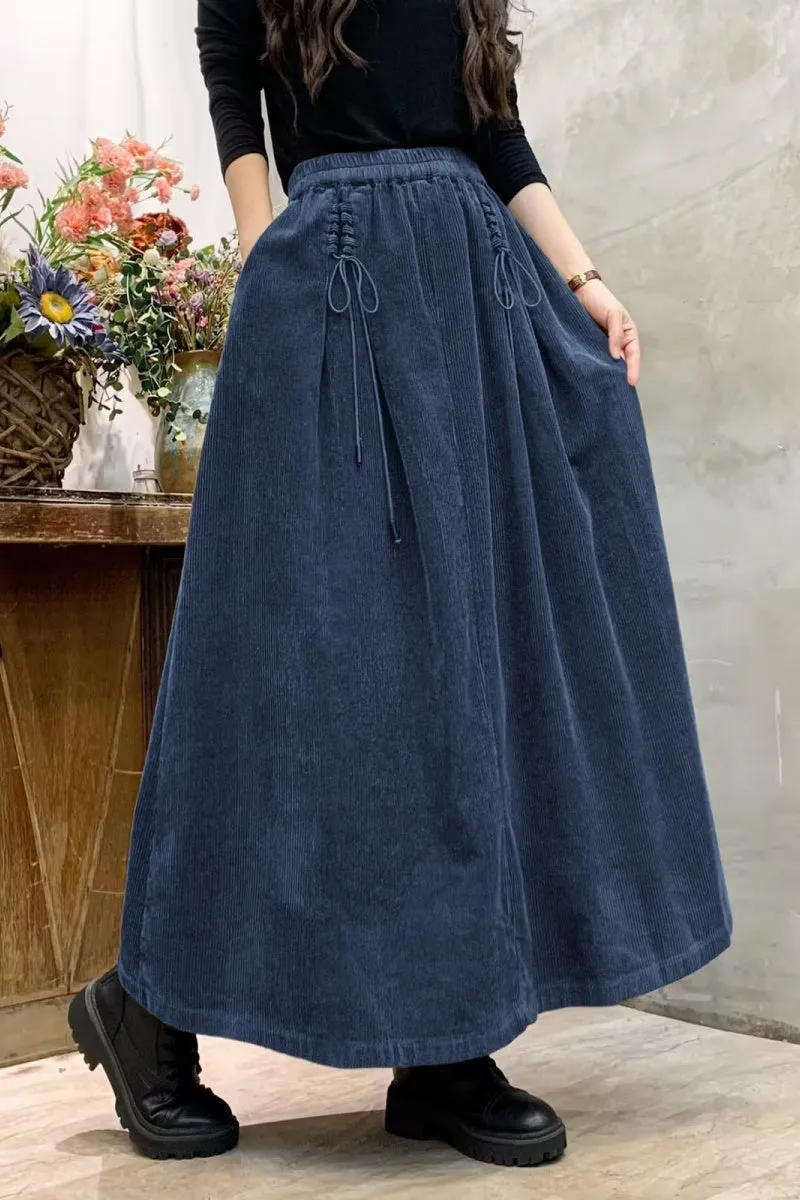 Chouyatou Women's Corduroy Maxi Skirt Elastic High Waist Drawstring Tie Front A-Line Pleated Long Skirt with Pockets