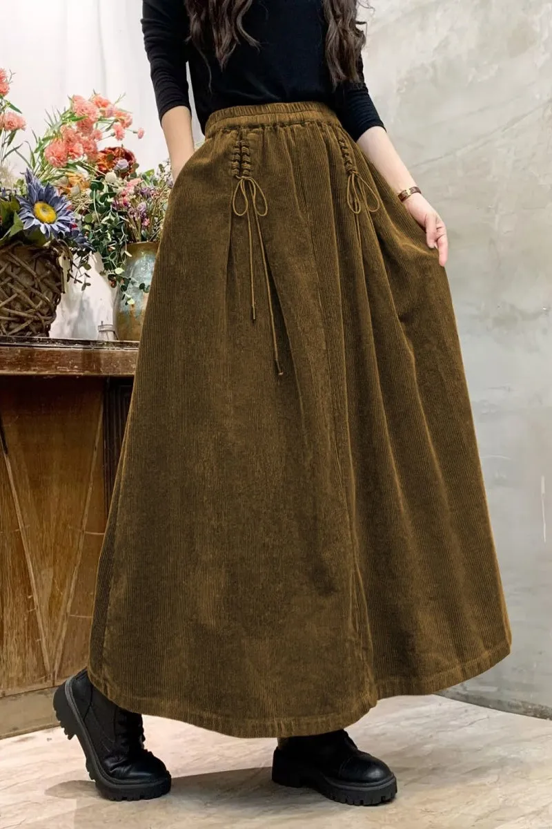 Chouyatou Women's Corduroy Maxi Skirt Elastic High Waist Drawstring Tie Front A-Line Pleated Long Skirt with Pockets