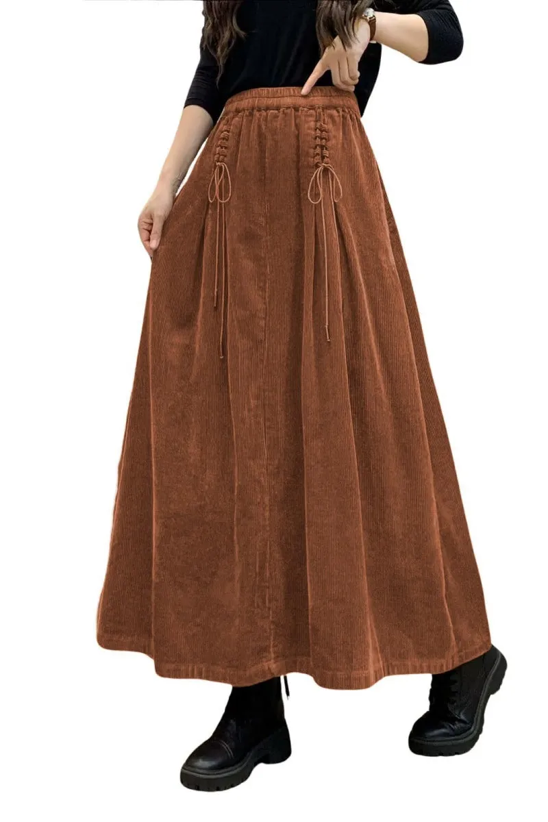 Chouyatou Women's Corduroy Maxi Skirt Elastic High Waist Drawstring Tie Front A-Line Pleated Long Skirt with Pockets