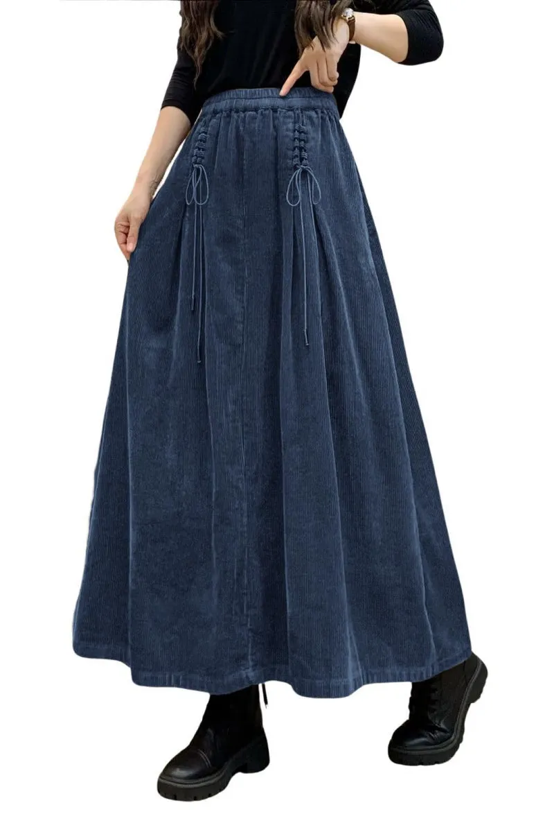Chouyatou Women's Corduroy Maxi Skirt Elastic High Waist Drawstring Tie Front A-Line Pleated Long Skirt with Pockets