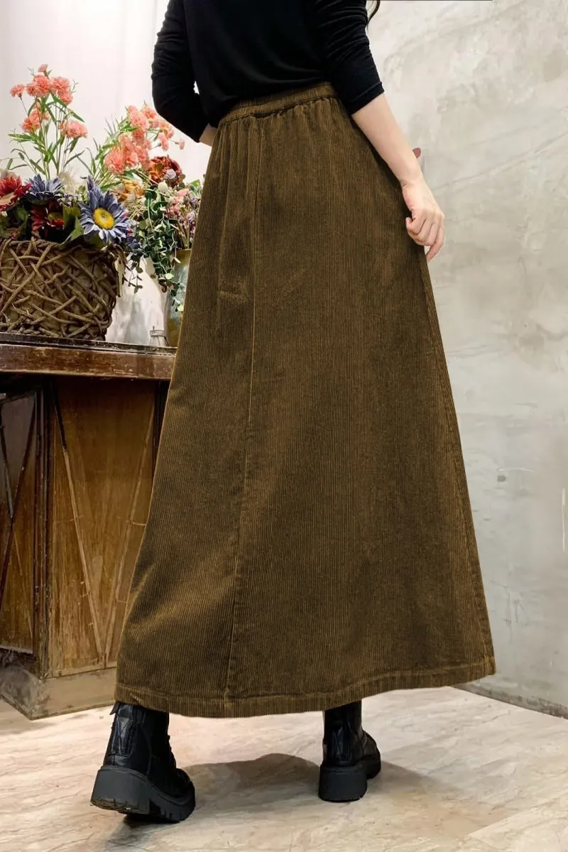 Chouyatou Women's Corduroy Maxi Skirt Elastic High Waist Drawstring Tie Front A-Line Pleated Long Skirt with Pockets