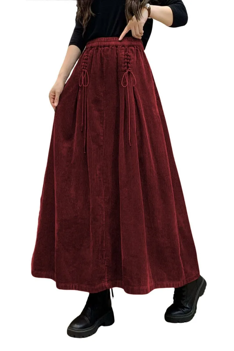 Chouyatou Women's Corduroy Maxi Skirt Elastic High Waist Drawstring Tie Front A-Line Pleated Long Skirt with Pockets