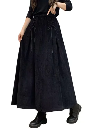 Chouyatou Women's Corduroy Maxi Skirt Elastic High Waist Drawstring Tie Front A-Line Pleated Long Skirt with Pockets