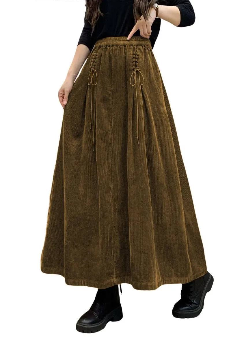 Chouyatou Women's Corduroy Maxi Skirt Elastic High Waist Drawstring Tie Front A-Line Pleated Long Skirt with Pockets