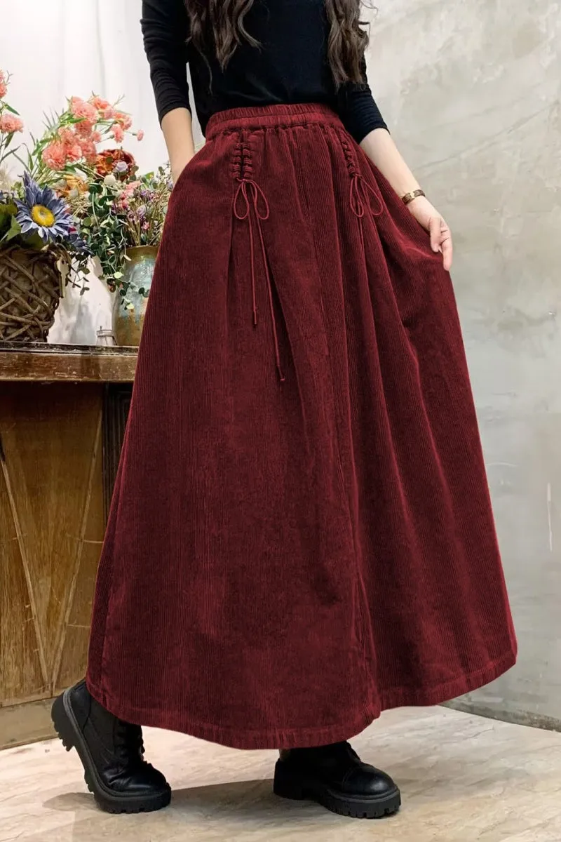Chouyatou Women's Corduroy Maxi Skirt Elastic High Waist Drawstring Tie Front A-Line Pleated Long Skirt with Pockets