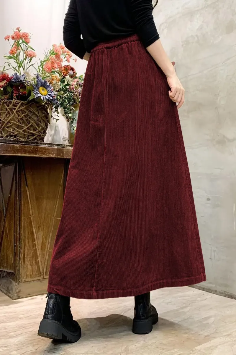 Chouyatou Women's Corduroy Maxi Skirt Elastic High Waist Drawstring Tie Front A-Line Pleated Long Skirt with Pockets