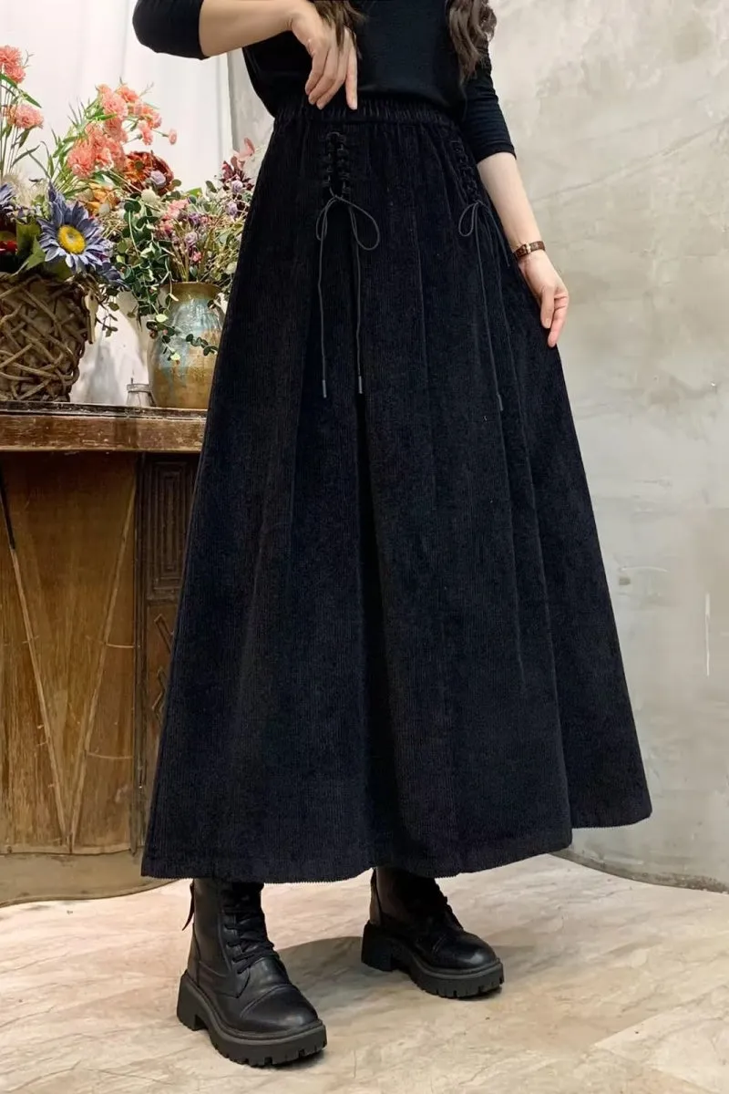 Chouyatou Women's Corduroy Maxi Skirt Elastic High Waist Drawstring Tie Front A-Line Pleated Long Skirt with Pockets