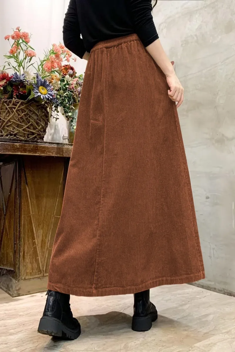 Chouyatou Women's Corduroy Maxi Skirt Elastic High Waist Drawstring Tie Front A-Line Pleated Long Skirt with Pockets