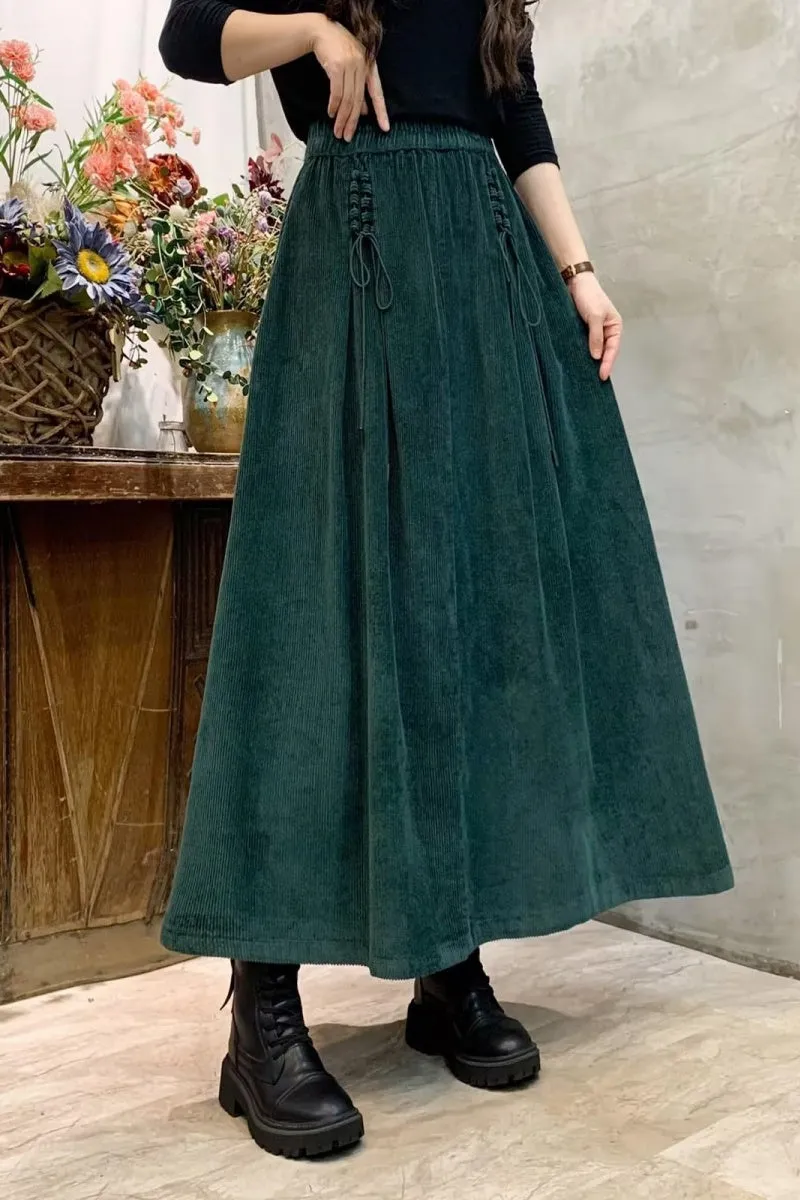 Chouyatou Women's Corduroy Maxi Skirt Elastic High Waist Drawstring Tie Front A-Line Pleated Long Skirt with Pockets