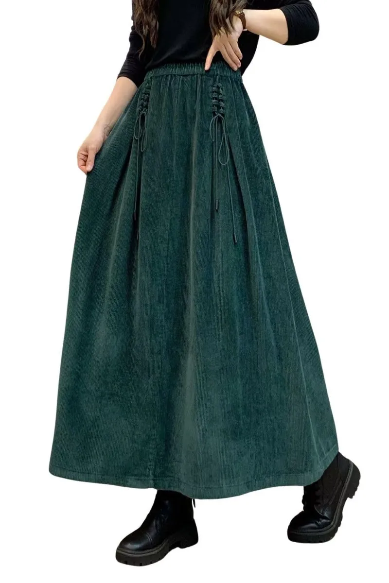 Chouyatou Women's Corduroy Maxi Skirt Elastic High Waist Drawstring Tie Front A-Line Pleated Long Skirt with Pockets