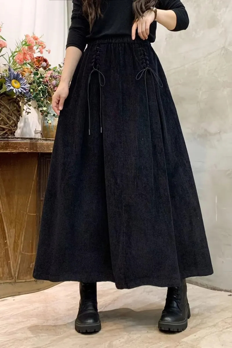 Chouyatou Women's Corduroy Maxi Skirt Elastic High Waist Drawstring Tie Front A-Line Pleated Long Skirt with Pockets