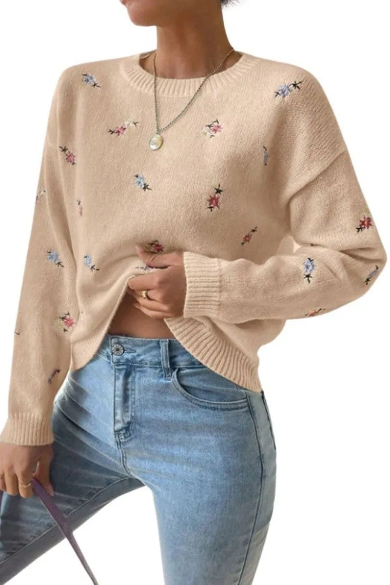 Chouyatou Women's Ditsy Floral Embroidered Pullover Sweater Color Block Loose Fit Knit Jumper Tops