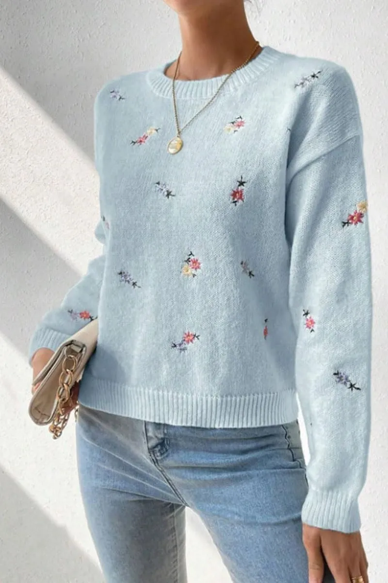 Chouyatou Women's Ditsy Floral Embroidered Pullover Sweater Color Block Loose Fit Knit Jumper Tops