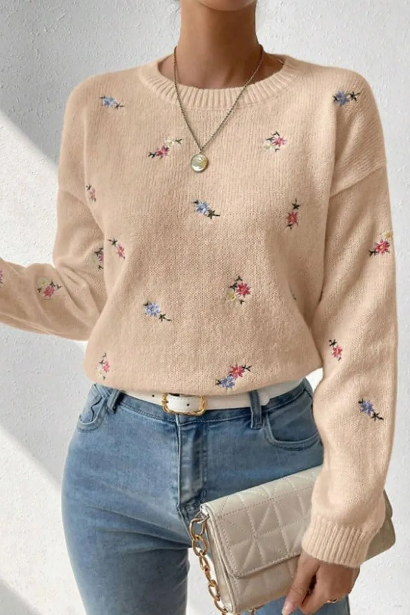 Chouyatou Women's Ditsy Floral Embroidered Pullover Sweater Color Block Loose Fit Knit Jumper Tops