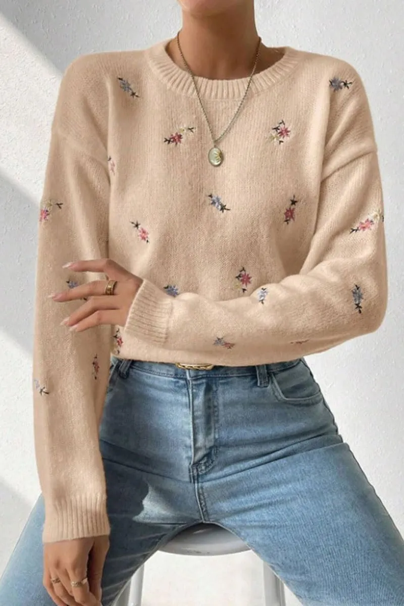 Chouyatou Women's Ditsy Floral Embroidered Pullover Sweater Color Block Loose Fit Knit Jumper Tops