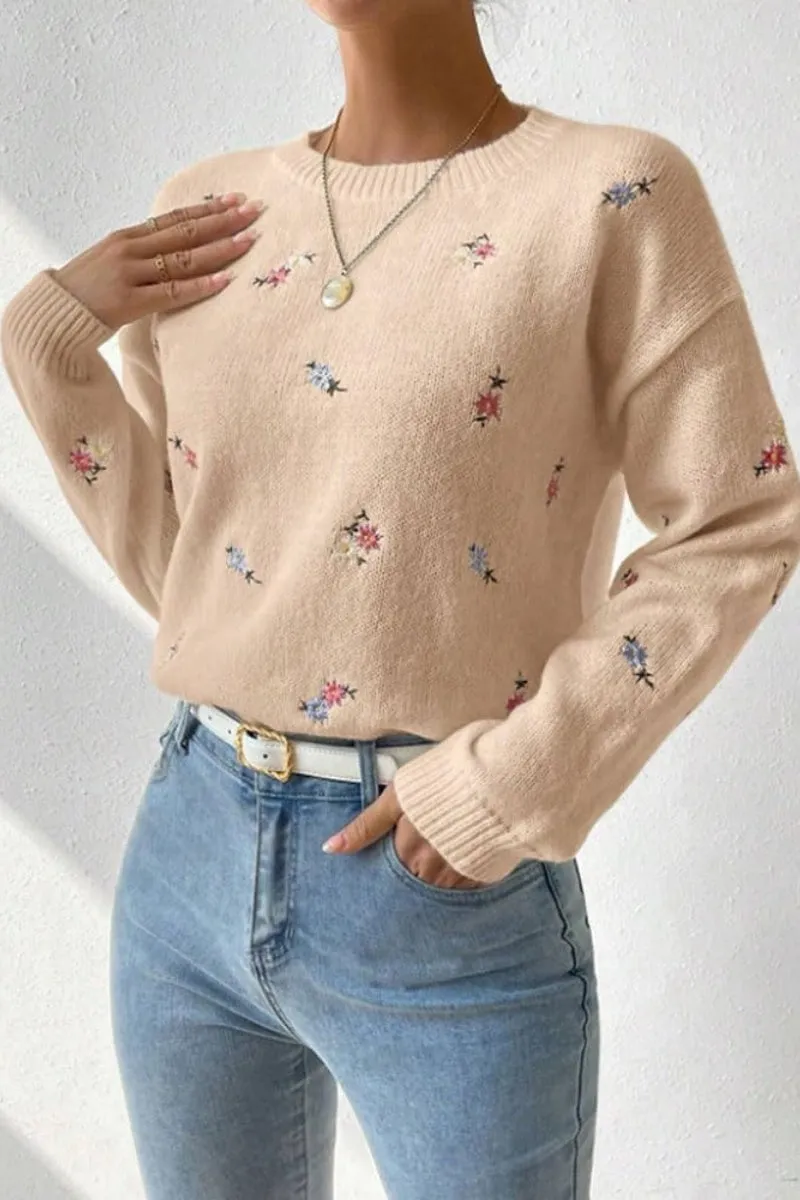 Chouyatou Women's Ditsy Floral Embroidered Pullover Sweater Color Block Loose Fit Knit Jumper Tops