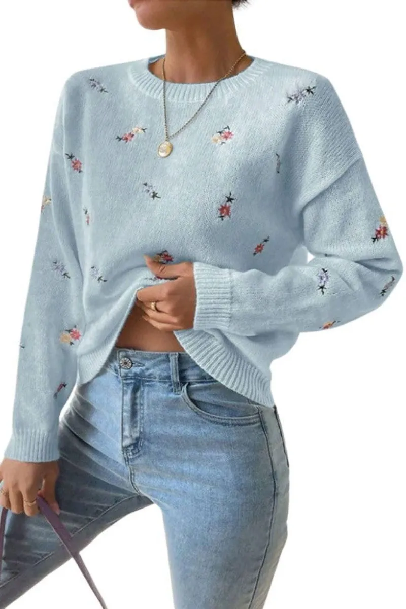 Chouyatou Women's Ditsy Floral Embroidered Pullover Sweater Color Block Loose Fit Knit Jumper Tops