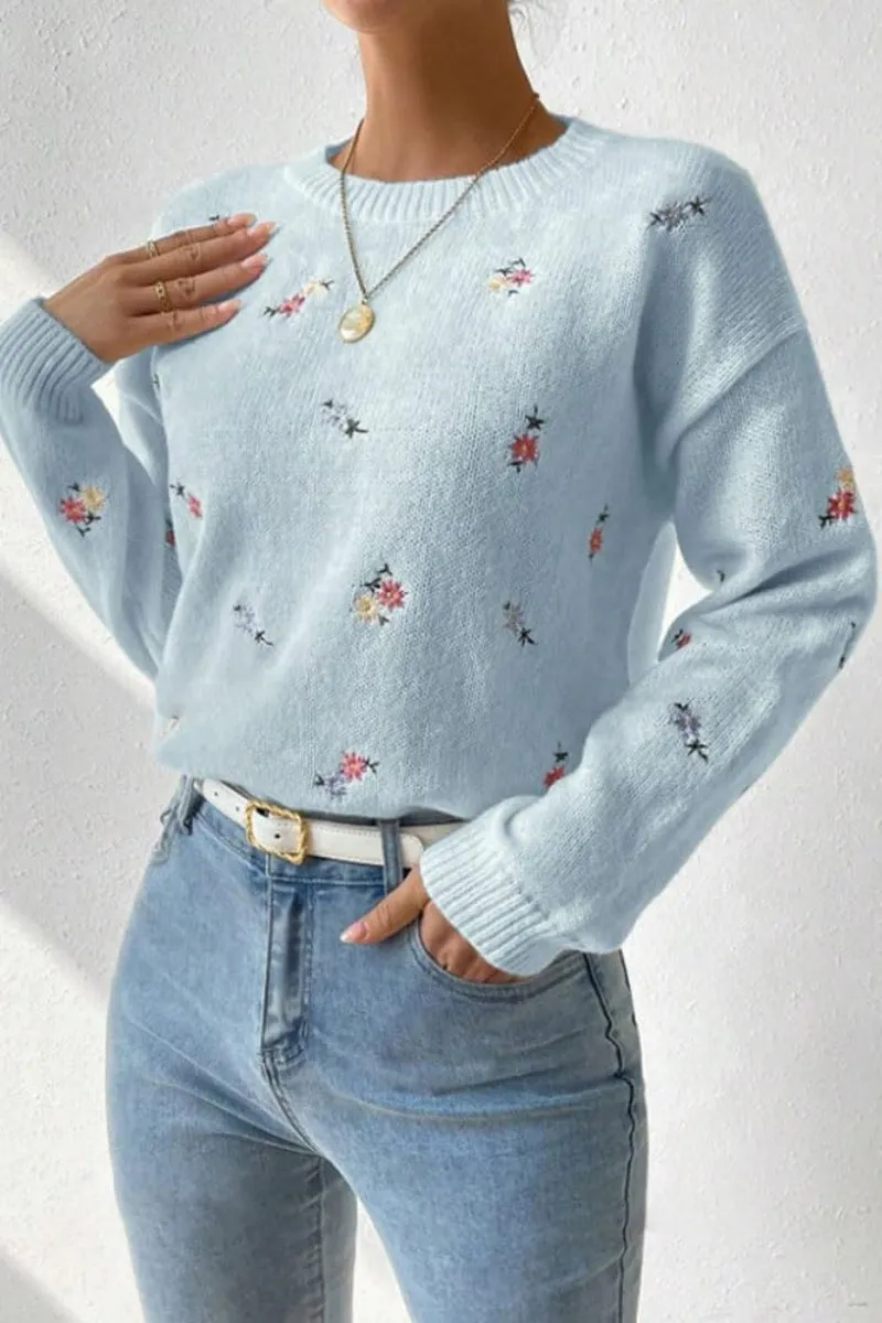 Chouyatou Women's Ditsy Floral Embroidered Pullover Sweater Color Block Loose Fit Knit Jumper Tops