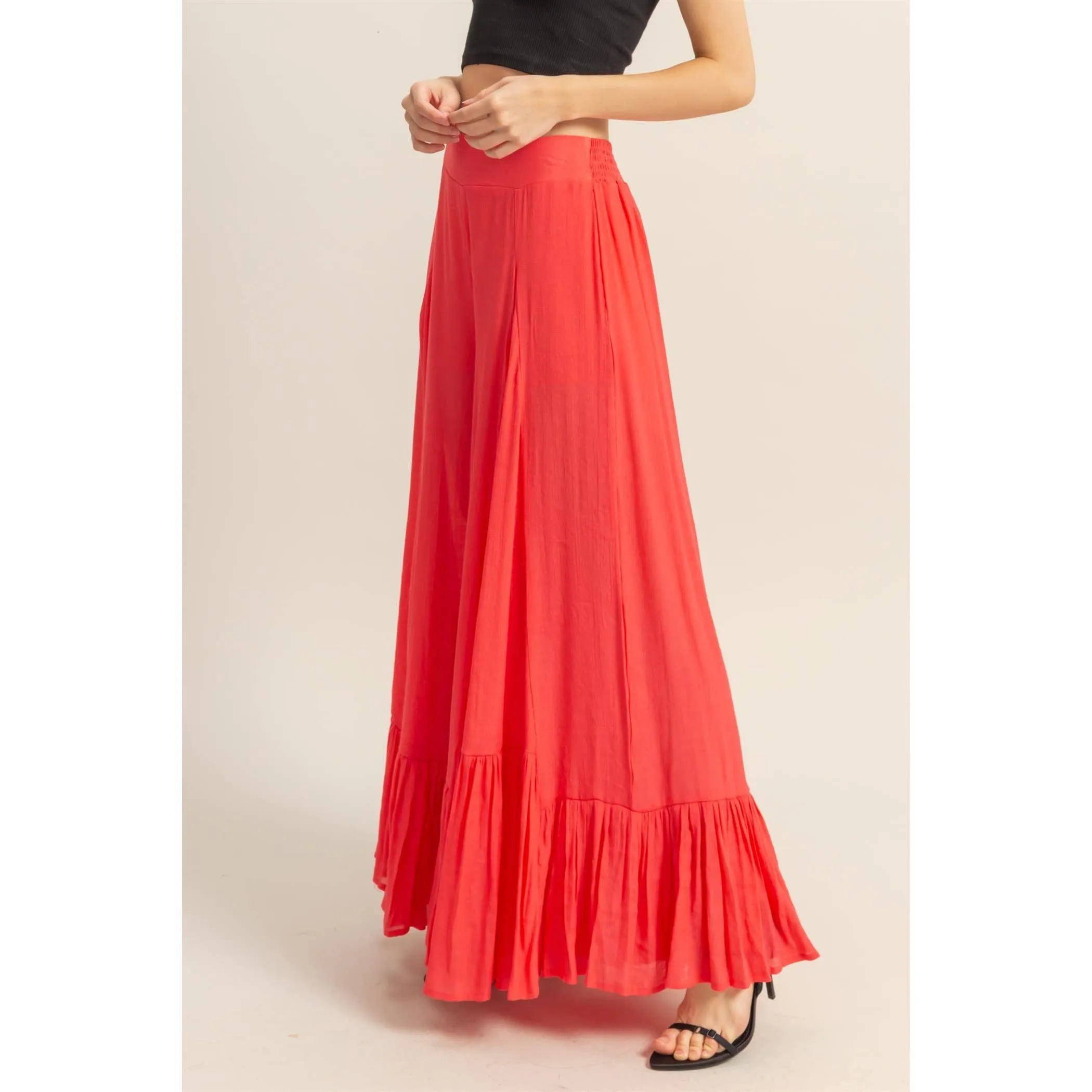 Coral Red High-Waist Ruffle Flared Wide Leg HYFVE Pants