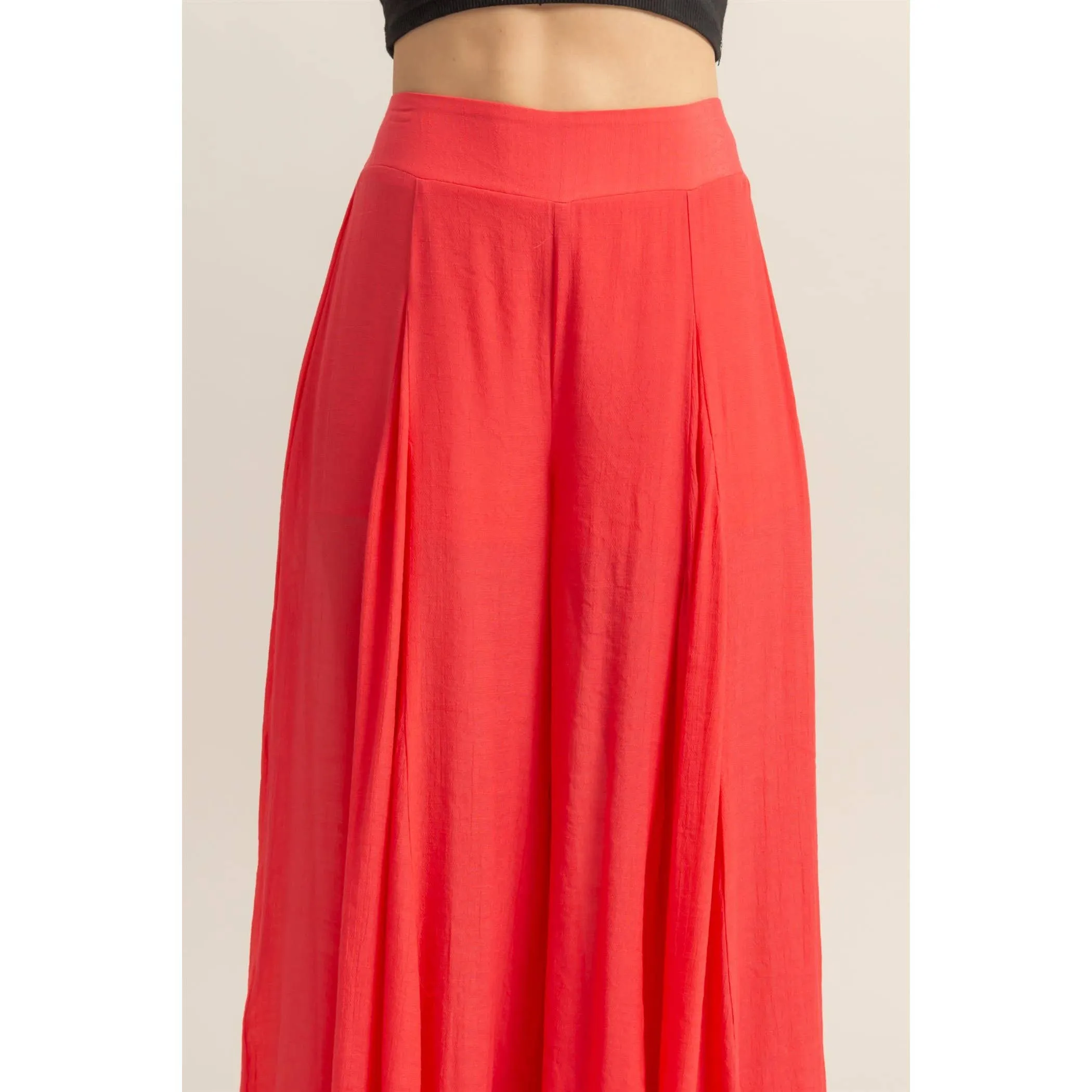 Coral Red High-Waist Ruffle Flared Wide Leg HYFVE Pants