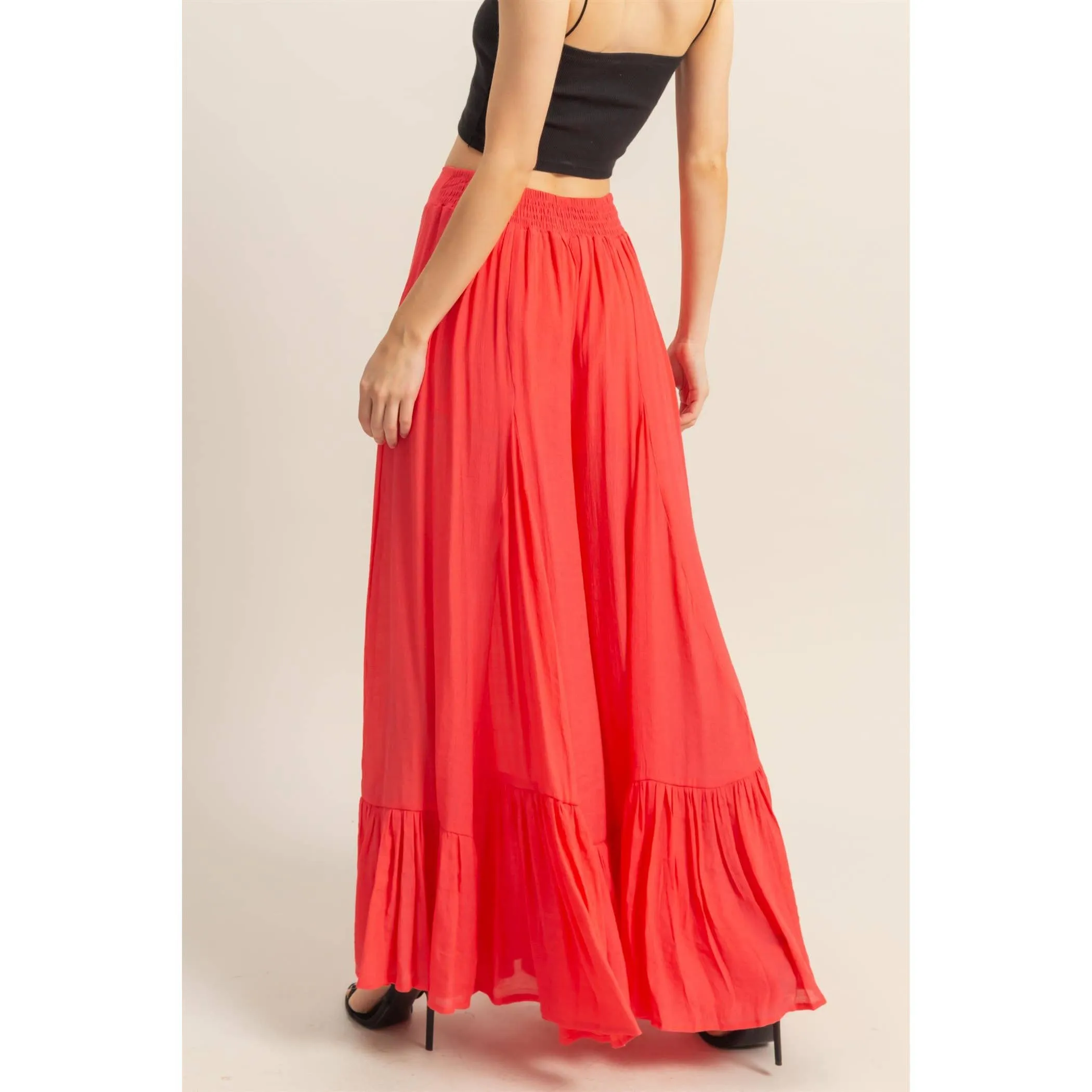 Coral Red High-Waist Ruffle Flared Wide Leg HYFVE Pants