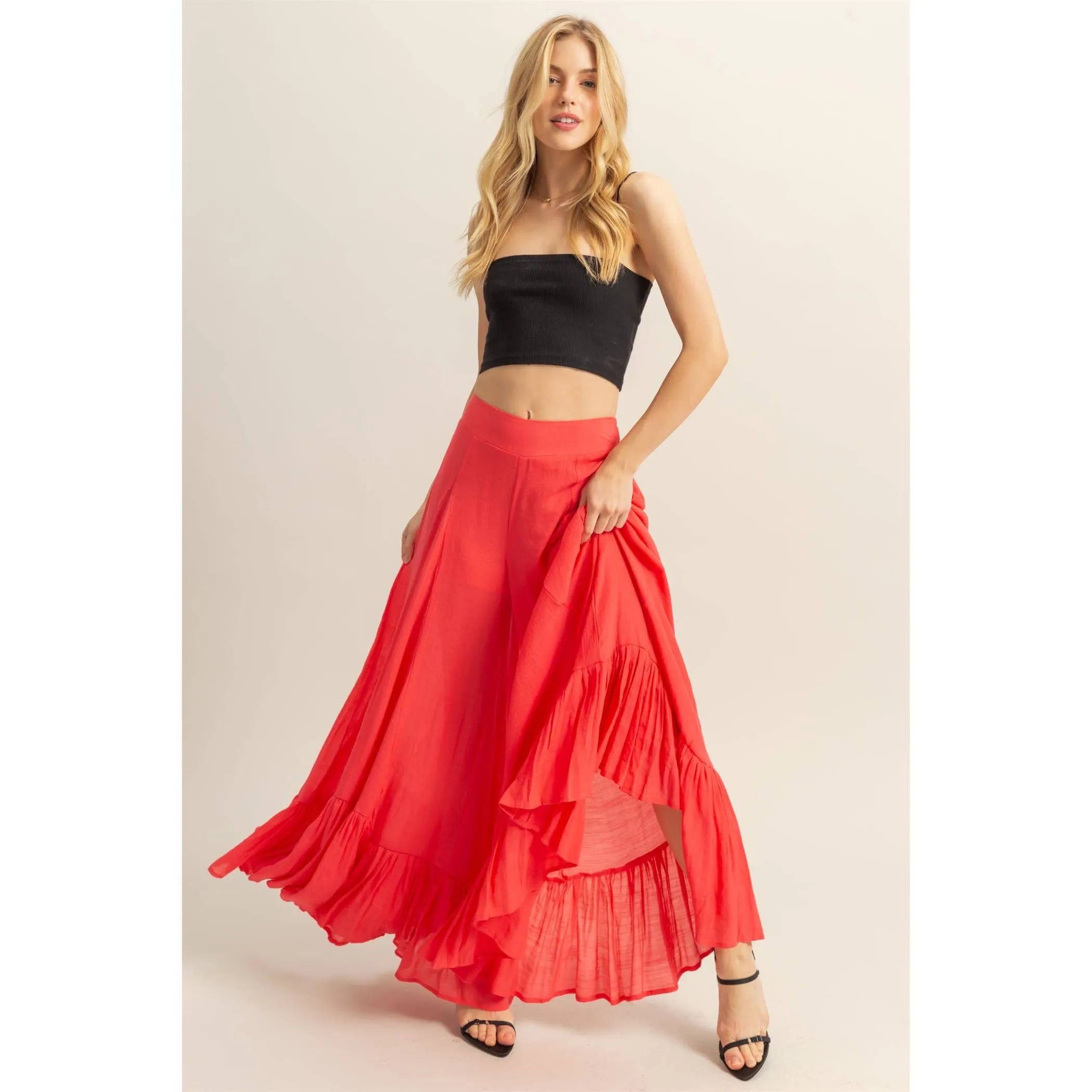 Coral Red High-Waist Ruffle Flared Wide Leg HYFVE Pants