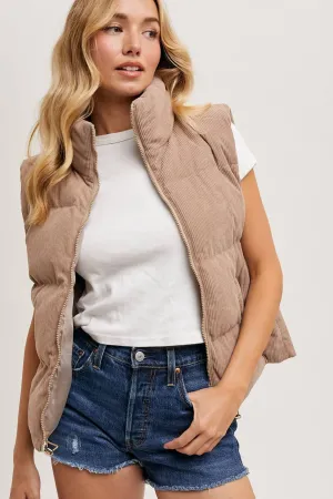 Corduroy Puffer Vest Zipper Front: Mushroom