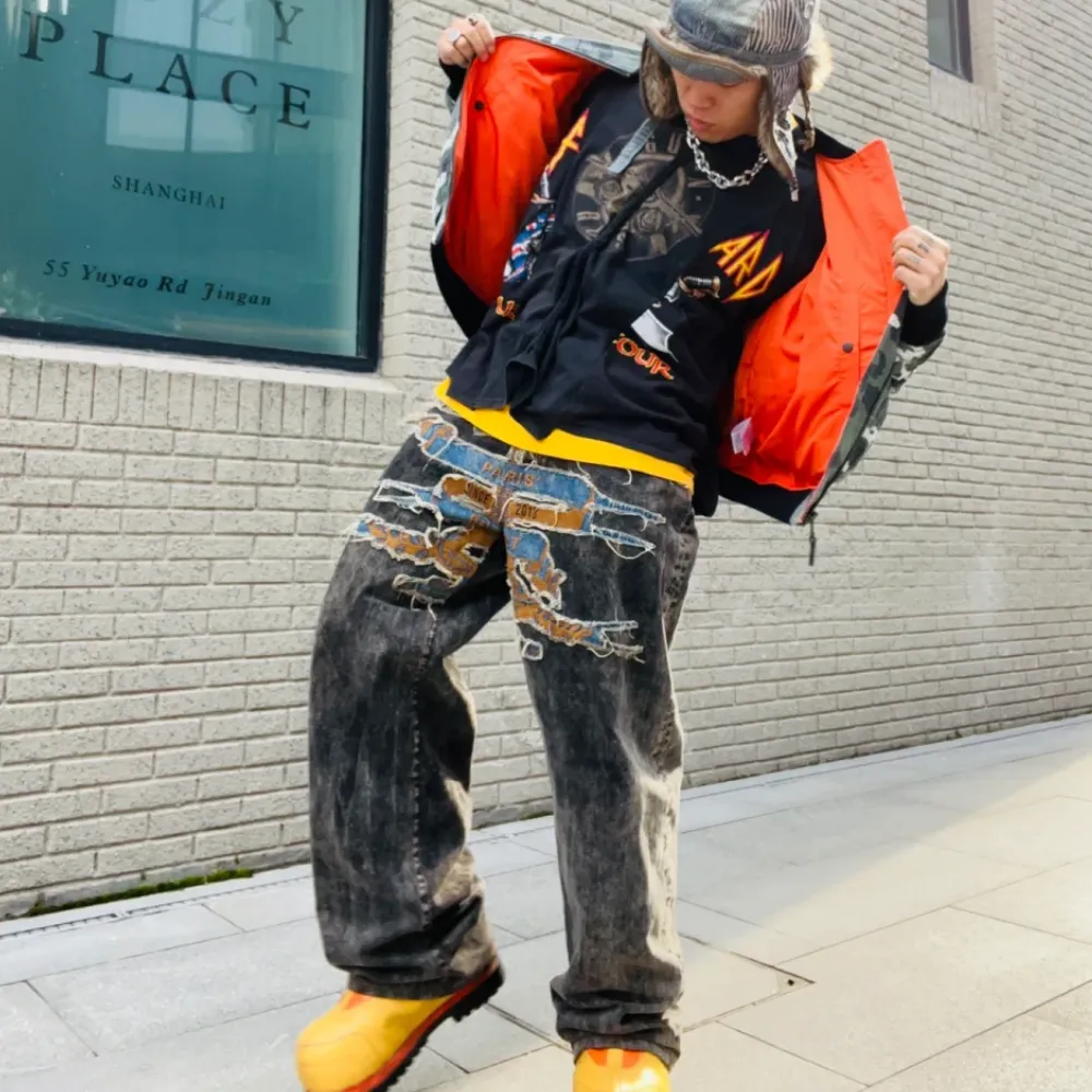 DF |Trendy Washed Patch Embroidered Jeans