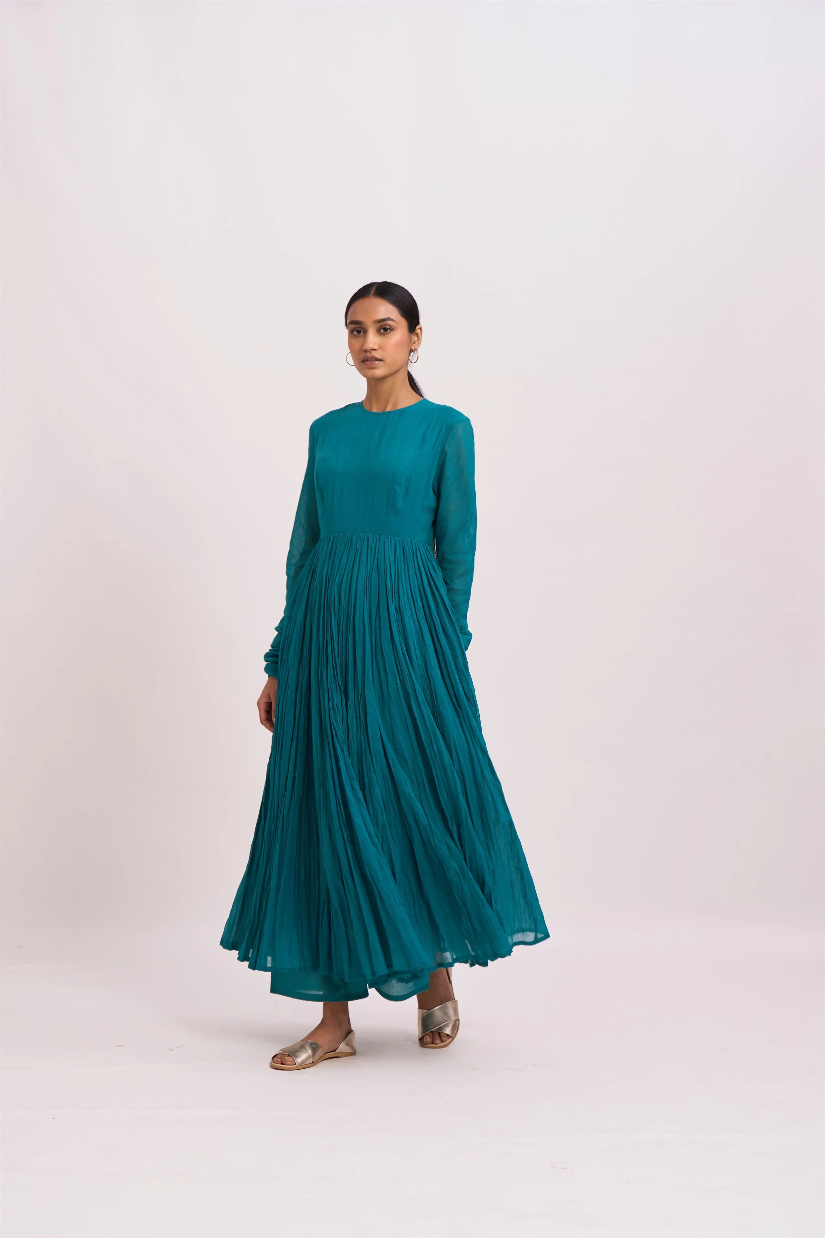 Dot   I   Ghoomar Ibri Anarkali - Set  Cotton Gauze Anarkali with Cotton Pants  Teal  SS24-G-5