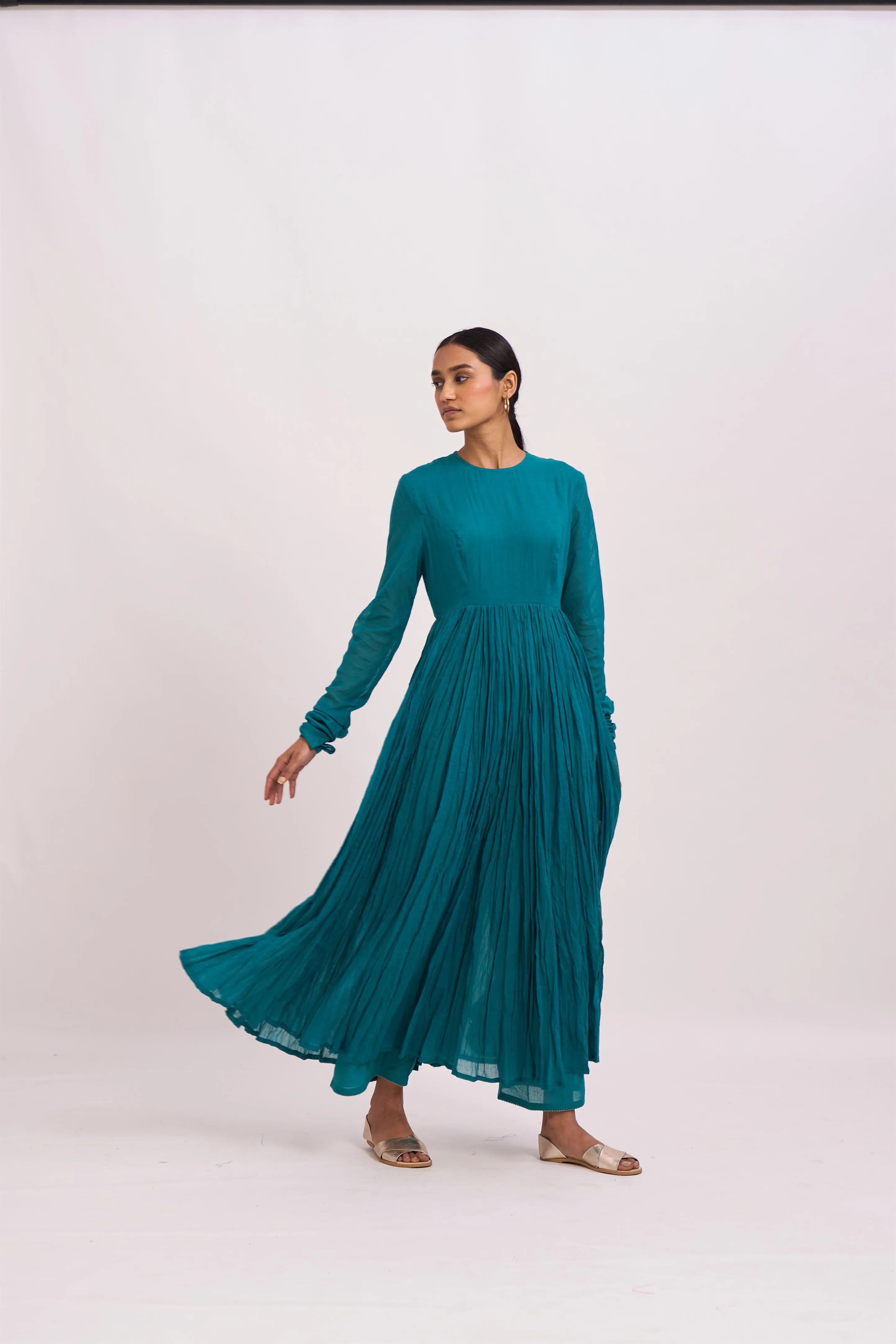 Dot   I   Ghoomar Ibri Anarkali - Set  Cotton Gauze Anarkali with Cotton Pants  Teal  SS24-G-5