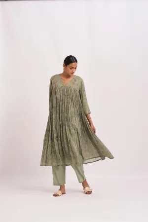 Dot   I   Jaal Print Furjan K-1 Kurta Set 100% cotton Kurta with Straight Cottonsilk Pant  Leaf Green  SS24-K-1