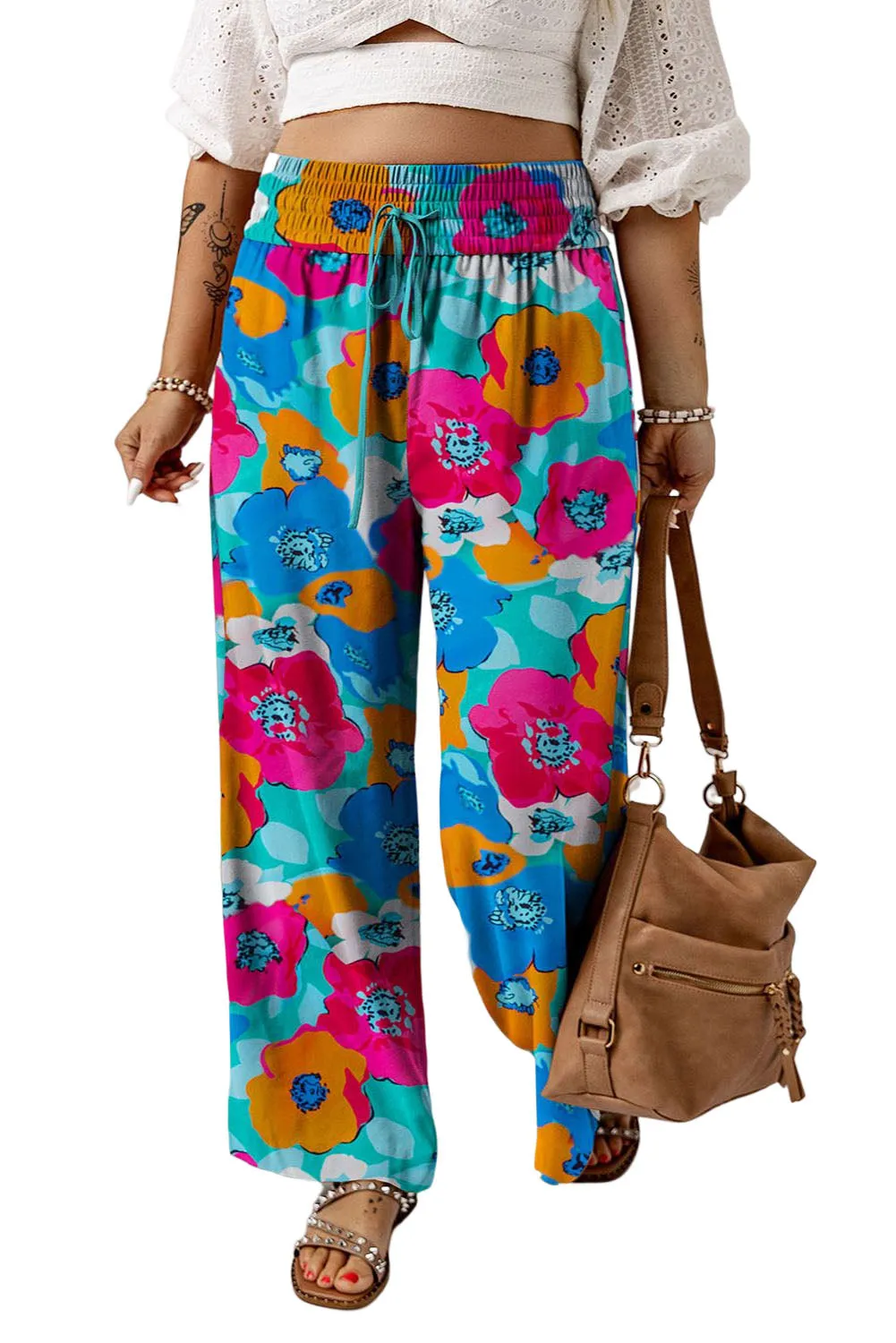Drawstring Elastic Waist Casual Wide Leg Pants
