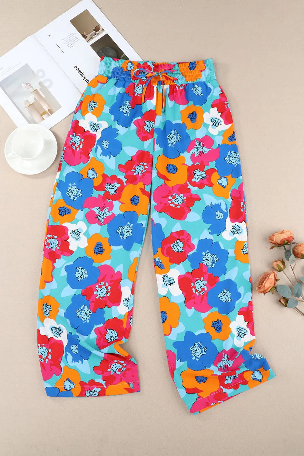Drawstring Elastic Waist Casual Wide Leg Pants