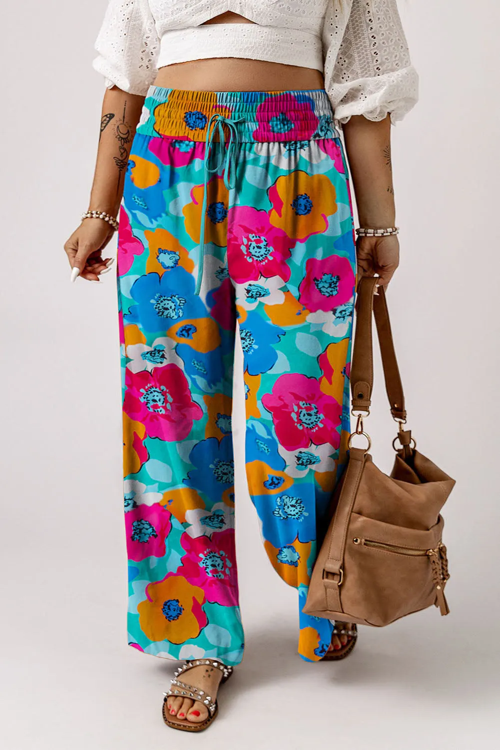 Drawstring Elastic Waist Casual Wide Leg Pants