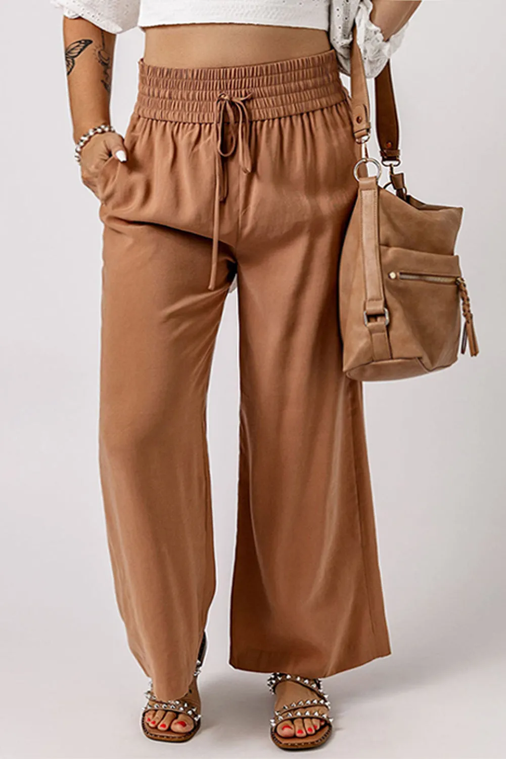 Drawstring Elastic Waist Casual Wide Leg Pants