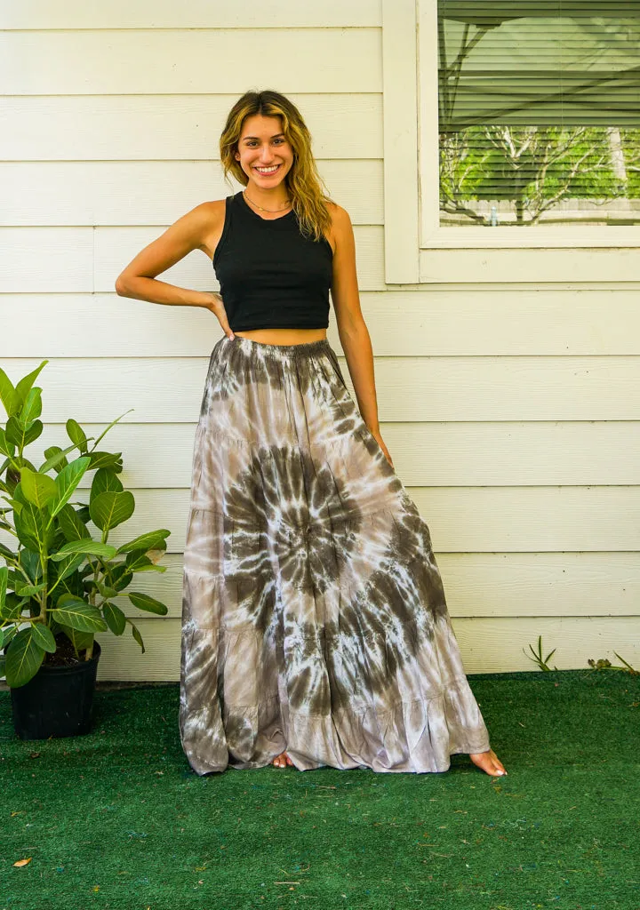 Earthy Spiral Hand Dyed Tiered Maxi Skirt