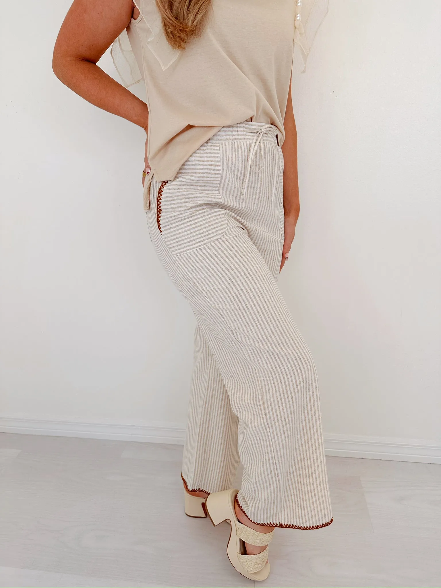 Effortless Style Striped Wide Leg Pants - Taupe