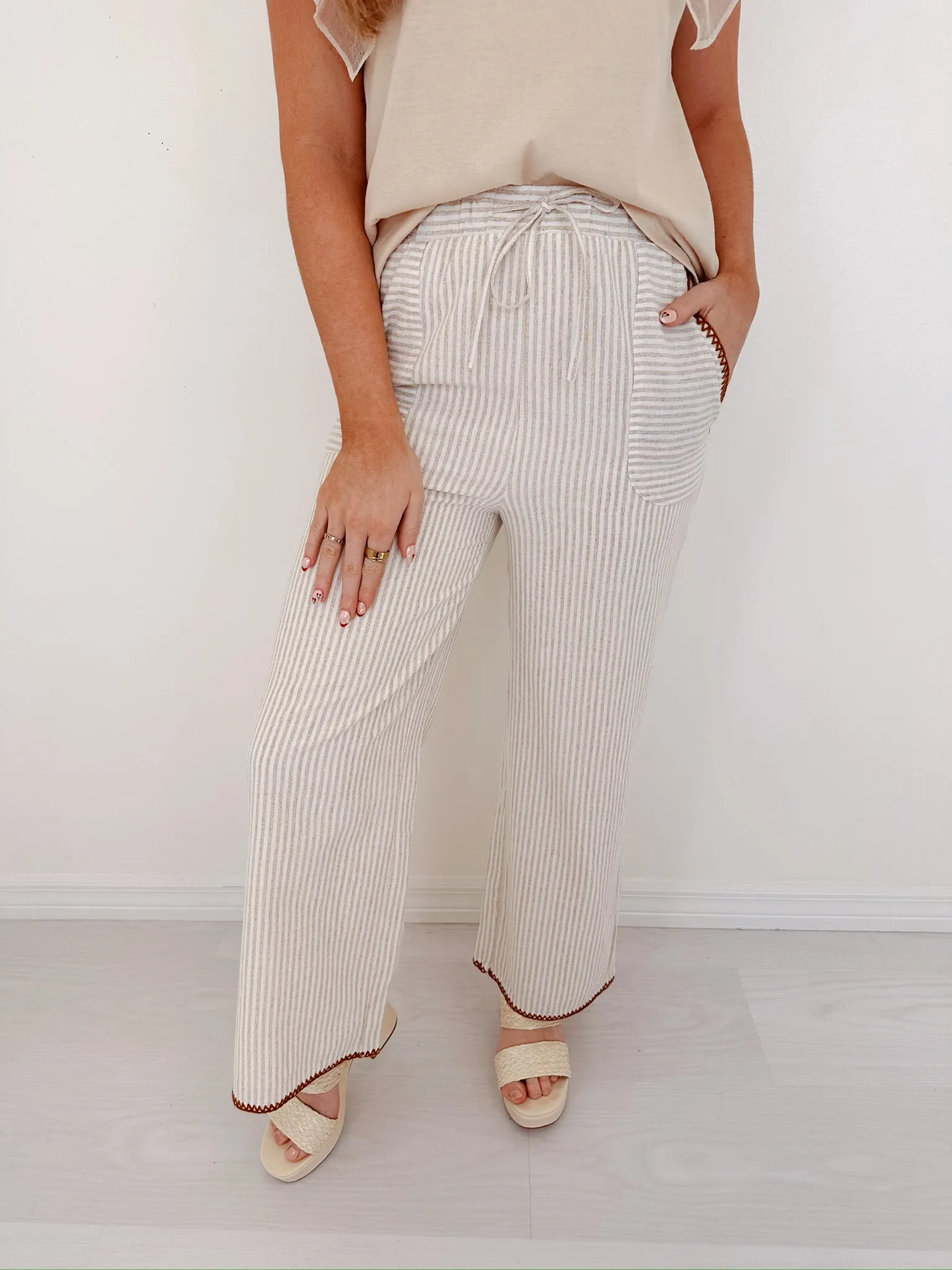 Effortless Style Striped Wide Leg Pants - Taupe
