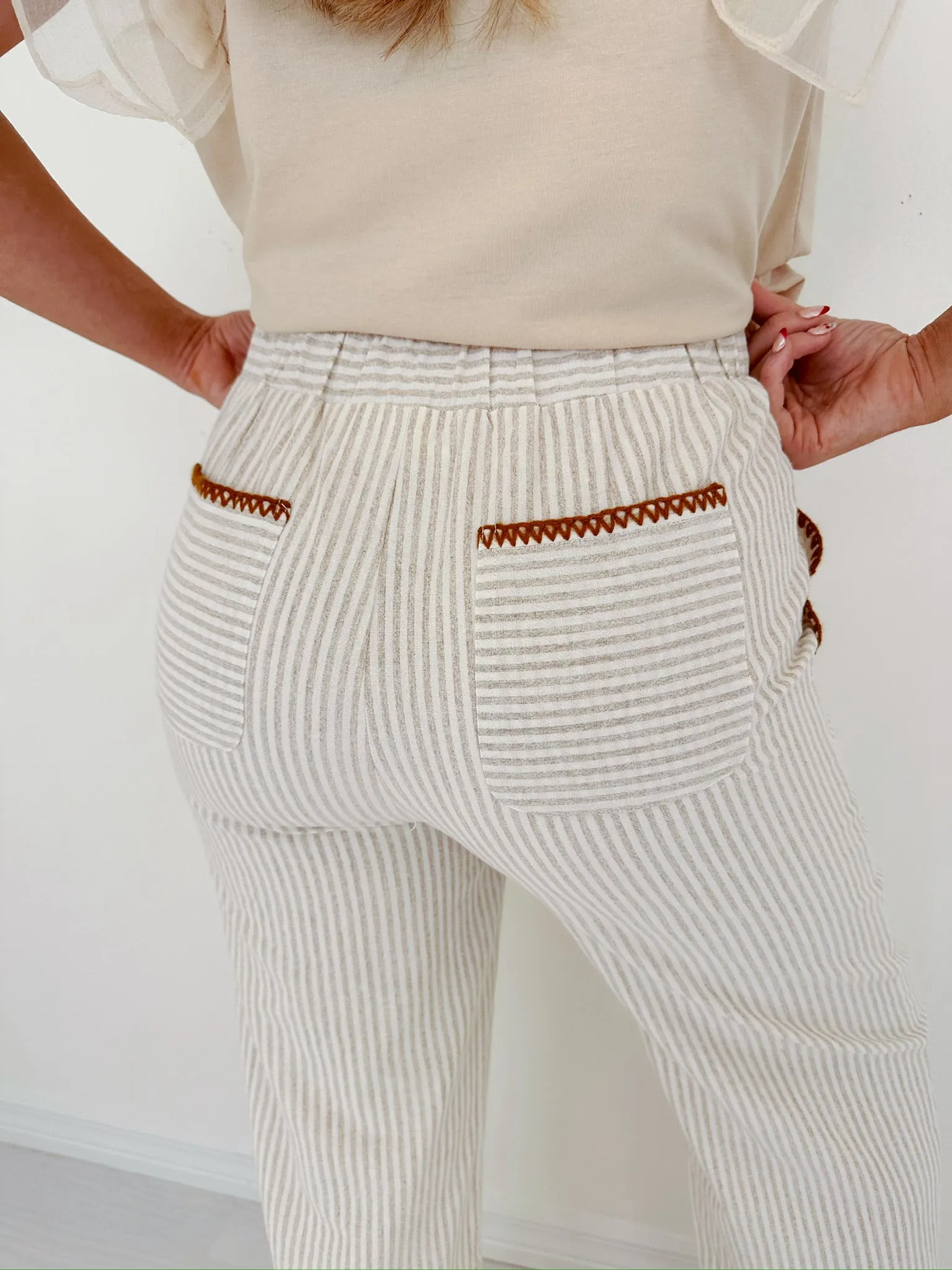 Effortless Style Striped Wide Leg Pants - Taupe