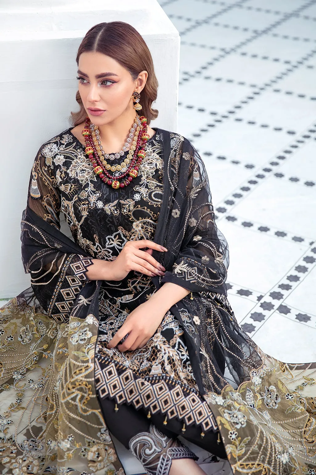Elegant Chiffon Dress Pakistani in Black Color #PF372