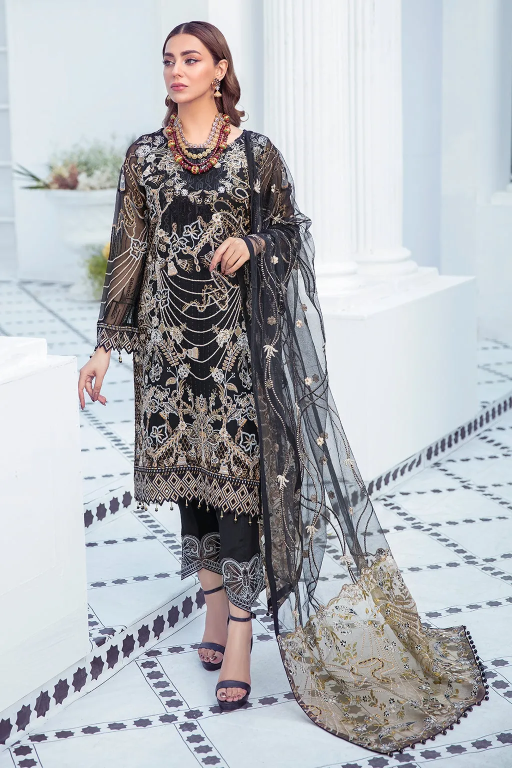 Elegant Chiffon Dress Pakistani in Black Color #PF372