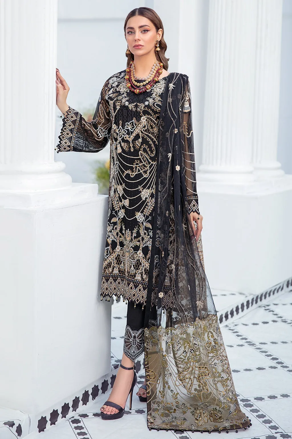 Elegant Chiffon Dress Pakistani in Black Color #PF372