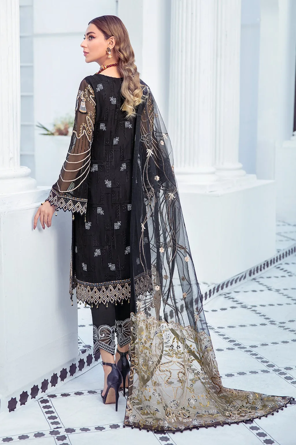Elegant Chiffon Dress Pakistani in Black Color #PF372