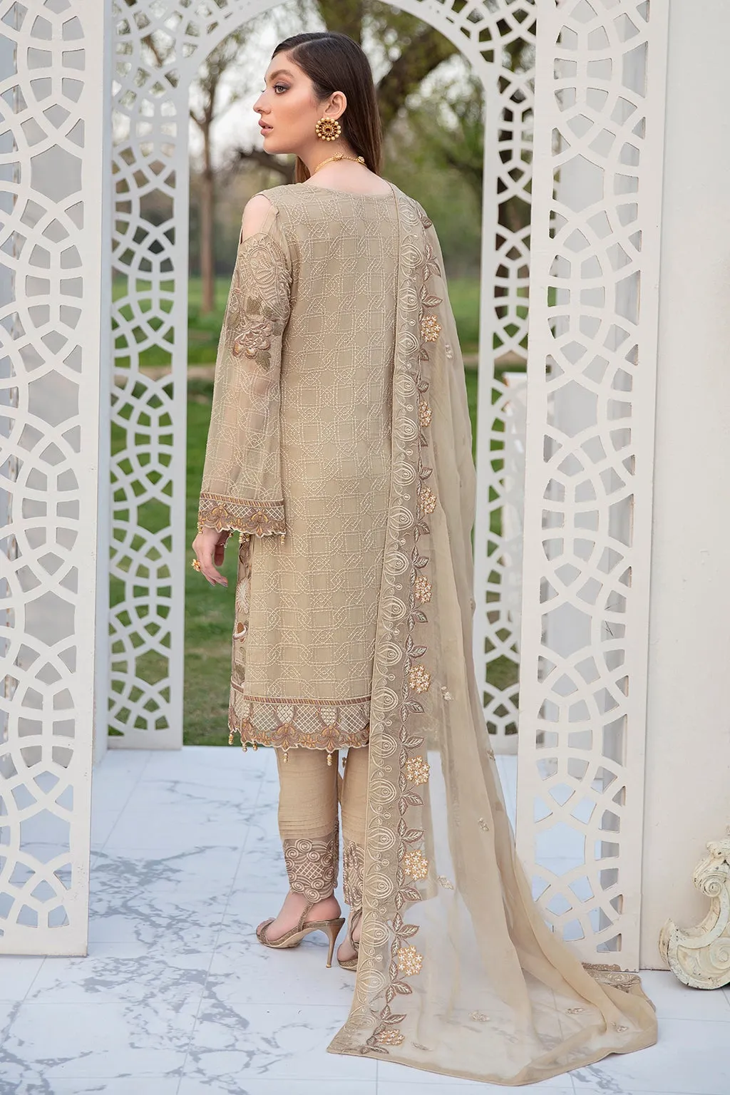 Elegant Party Wear Dress Pakistani in Skin Shade #PF385