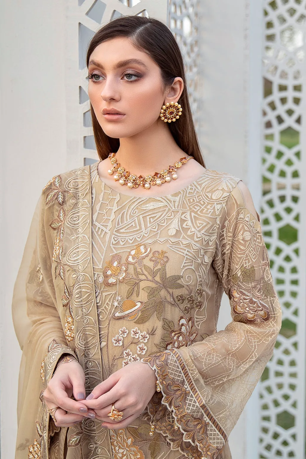 Elegant Party Wear Dress Pakistani in Skin Shade #PF385