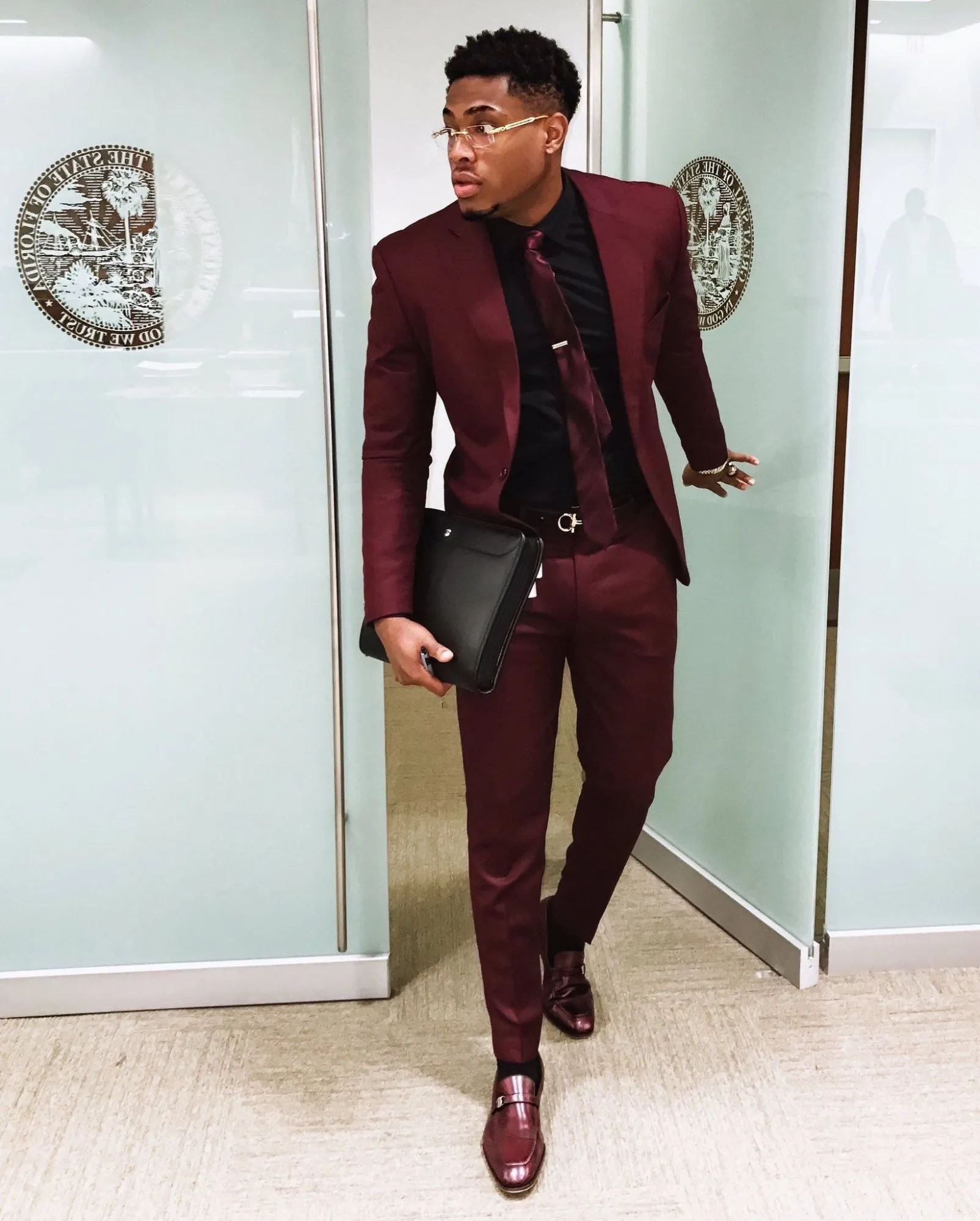 Fashion Burgundy Mens Suits Business Suits Slim Fit One Button Prom Outfits (Blazer Pants)