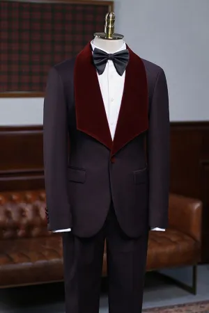 Fashion Burgundy Two-pieces With Velvet Lapel Wedding Suit For Grooms