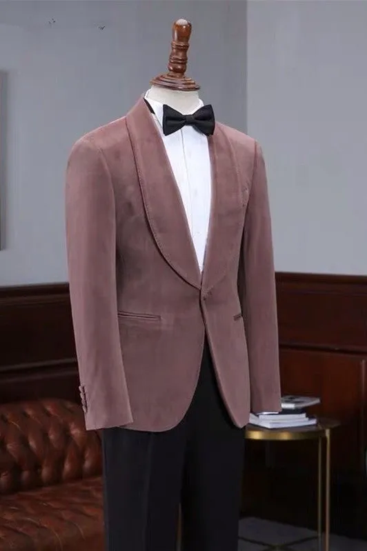 Fashion Pink Velvet Shawl Laple Men Suits for Wedding