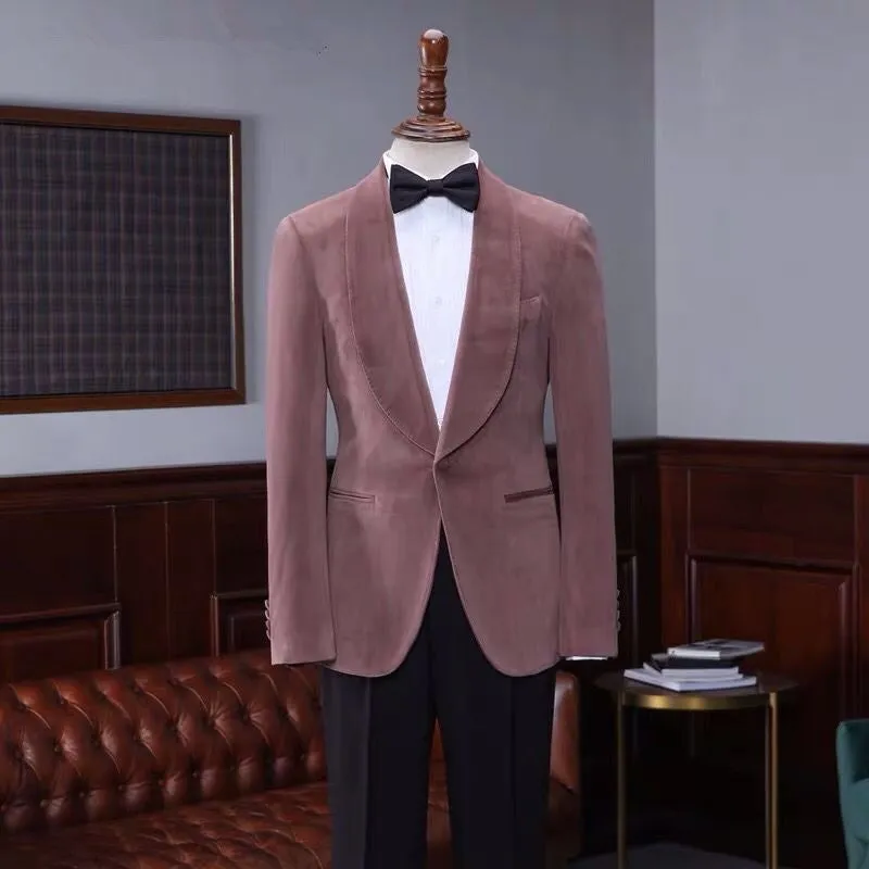 Fashion Pink Velvet Shawl Laple Men Suits for Wedding