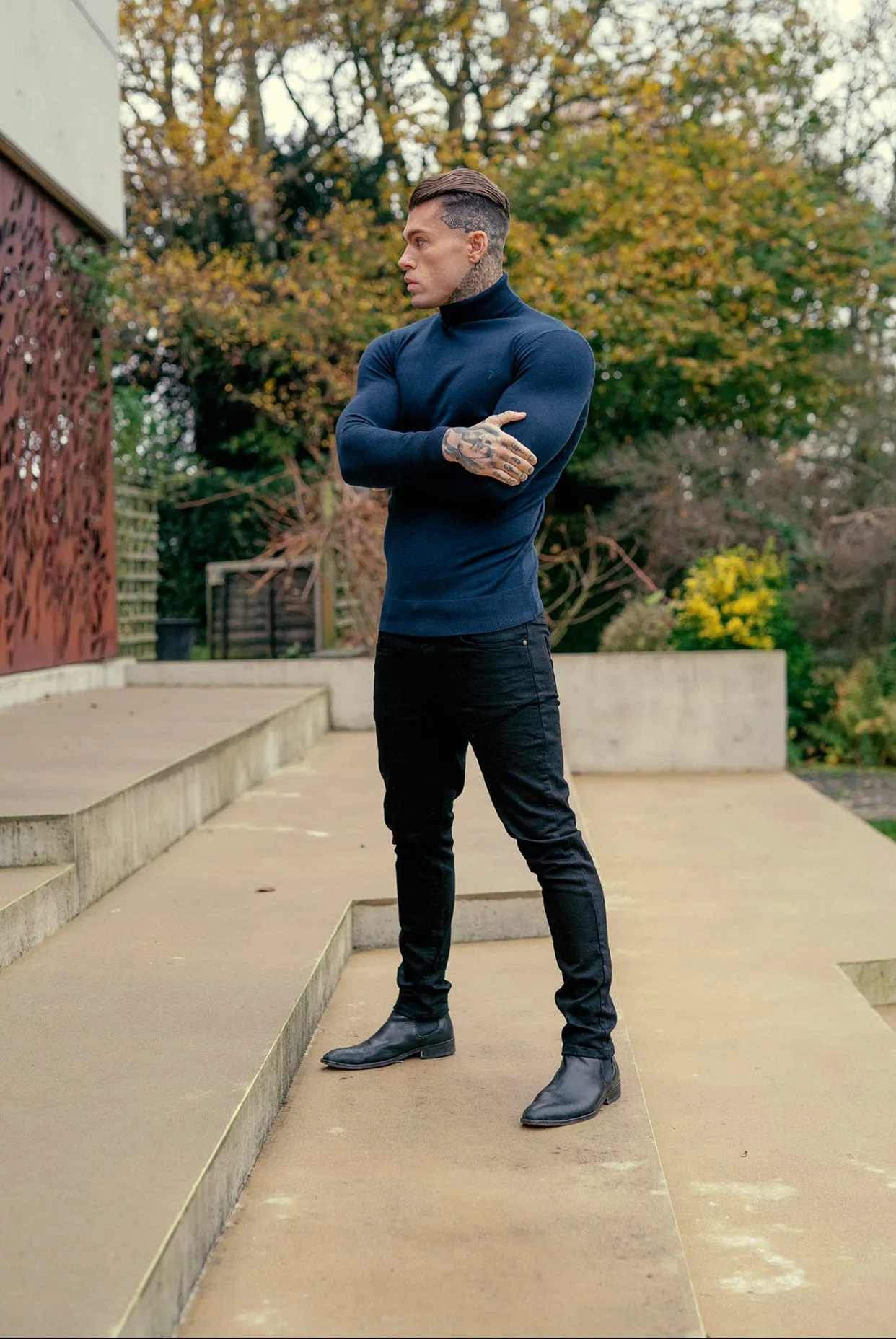 Father Sons Classic Navy Roll Neck Merino Wool Knitted Jumper With FS Embroidery - FSN011